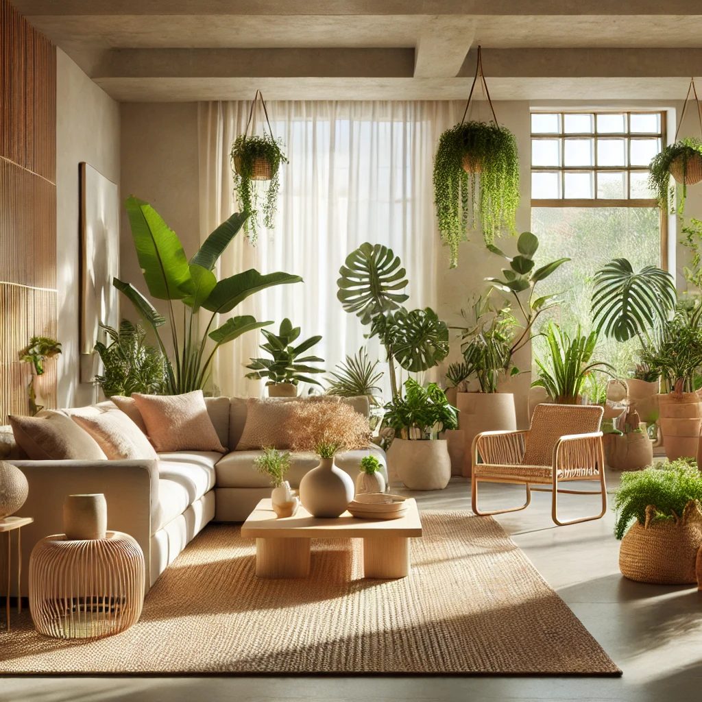 A bright and airy living space designed with biophilic elements. The room features large windows allowing natural sunlight to stream in, illuminating the lush green plants placed throughout. The furniture is made of natural materials like wood and rattan, complementing the earthy color palette of beige, terracotta, and olive green. Soft textures and cozy furnishings create a warm and inviting atmosphere, enhancing the serene and modern aesthetic of the space.