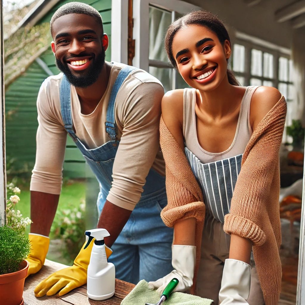 A couple smiling and working together on spring home maintenance. The man is cleaning a window while the woman organizes household items in a bright and airy space with fresh spring colors.